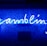 A bright blue neon sign spells out the word 'gambling' in cursive script. The background features a textured wall covered in domino tiles, also illuminated by the blue light, creating a vivid and visually striking scene.